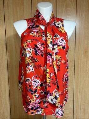a new day Red Floral Tie-Neck Sleeveless Blouse SZ - L